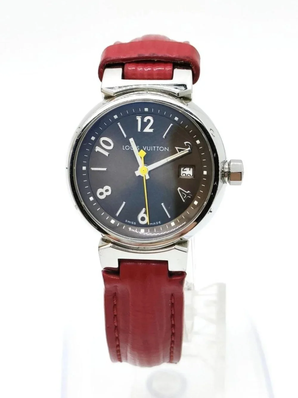 Authentic Louis Vuitton Tambour Black Dial Red Leather Strap Swiss Quartz